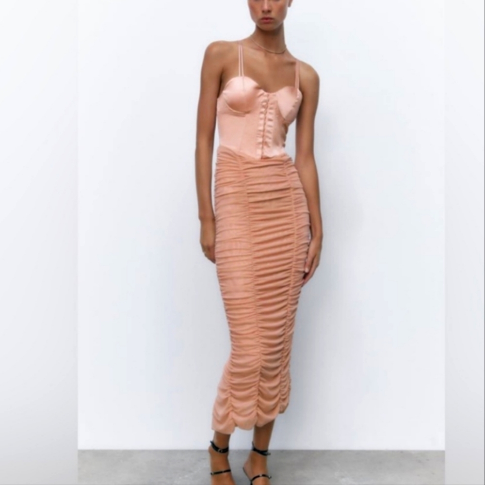 Zara ruched corset dress XS Beige pink (dr2)